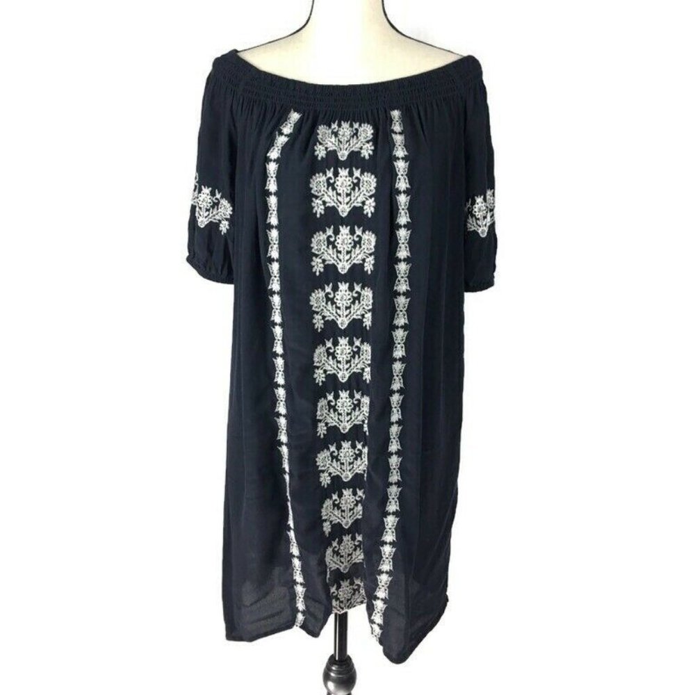 Ann Taylor LOFT Navy Blue White Boho Embroidered Dress Womens Small 393220